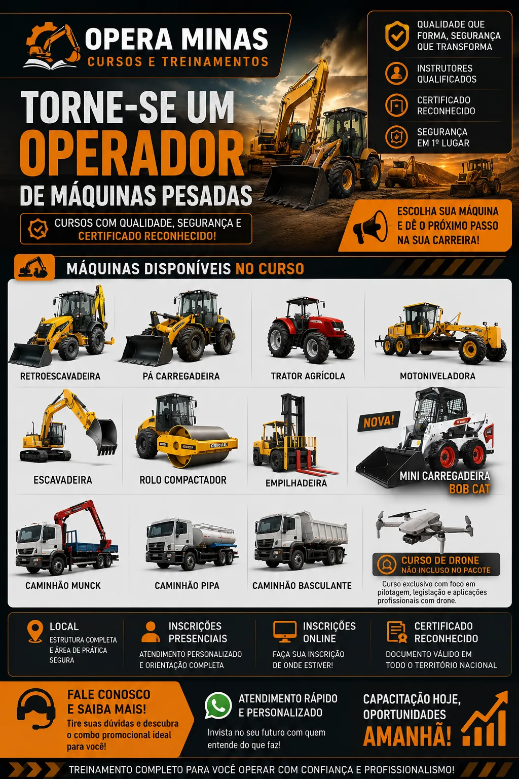Máquinas Opera Minas: retroescavadeira, pá carregadeira, escavadeira, motoniveladora, trator, rolo compactador, empilhadeira e drone